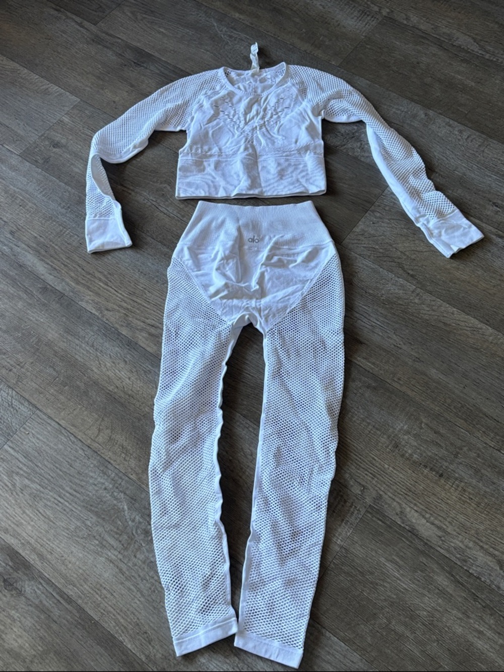ALO Yoga White Seamless Mesh Crop Top and High-Waist Leggings Set